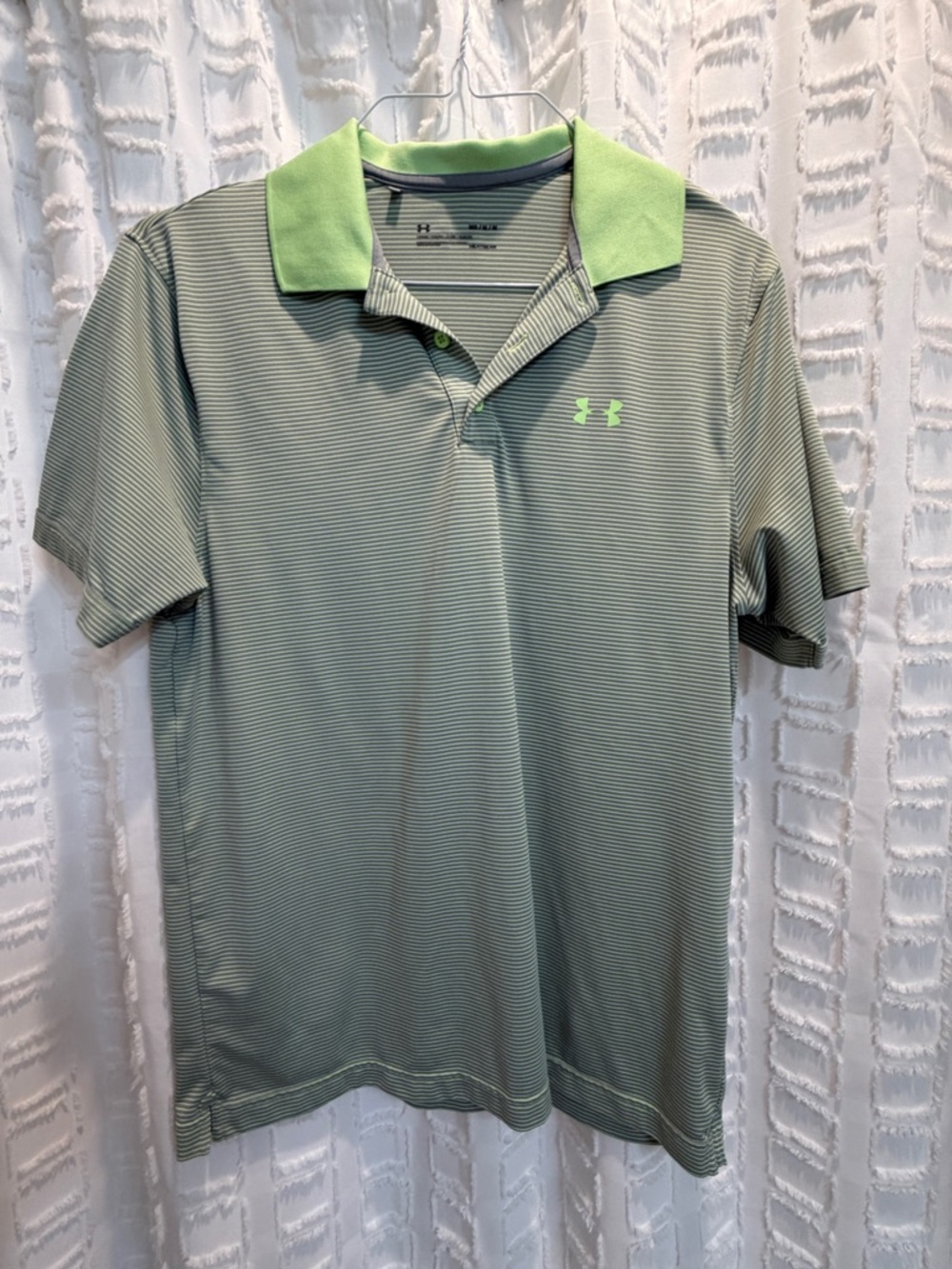 Under Armour Men’s Light Green and Gray Striped Polo with Bright Green Collar